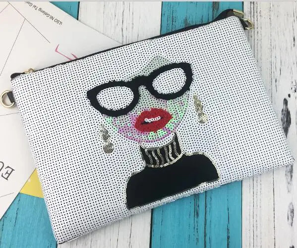 White Cartoon Woman Pattern Envelope Clutch Bag