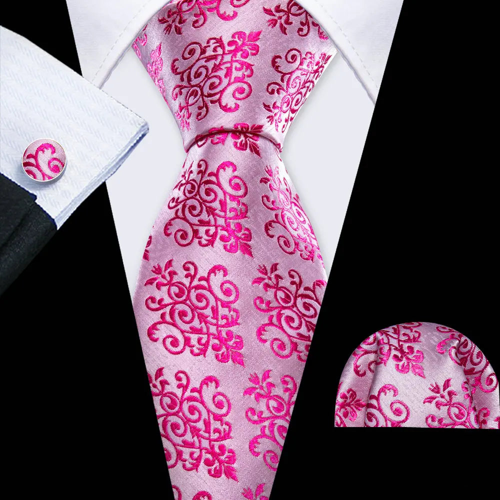 Pink Casual Novelty Paisley Pocket Square Cufflinks Necktie Set