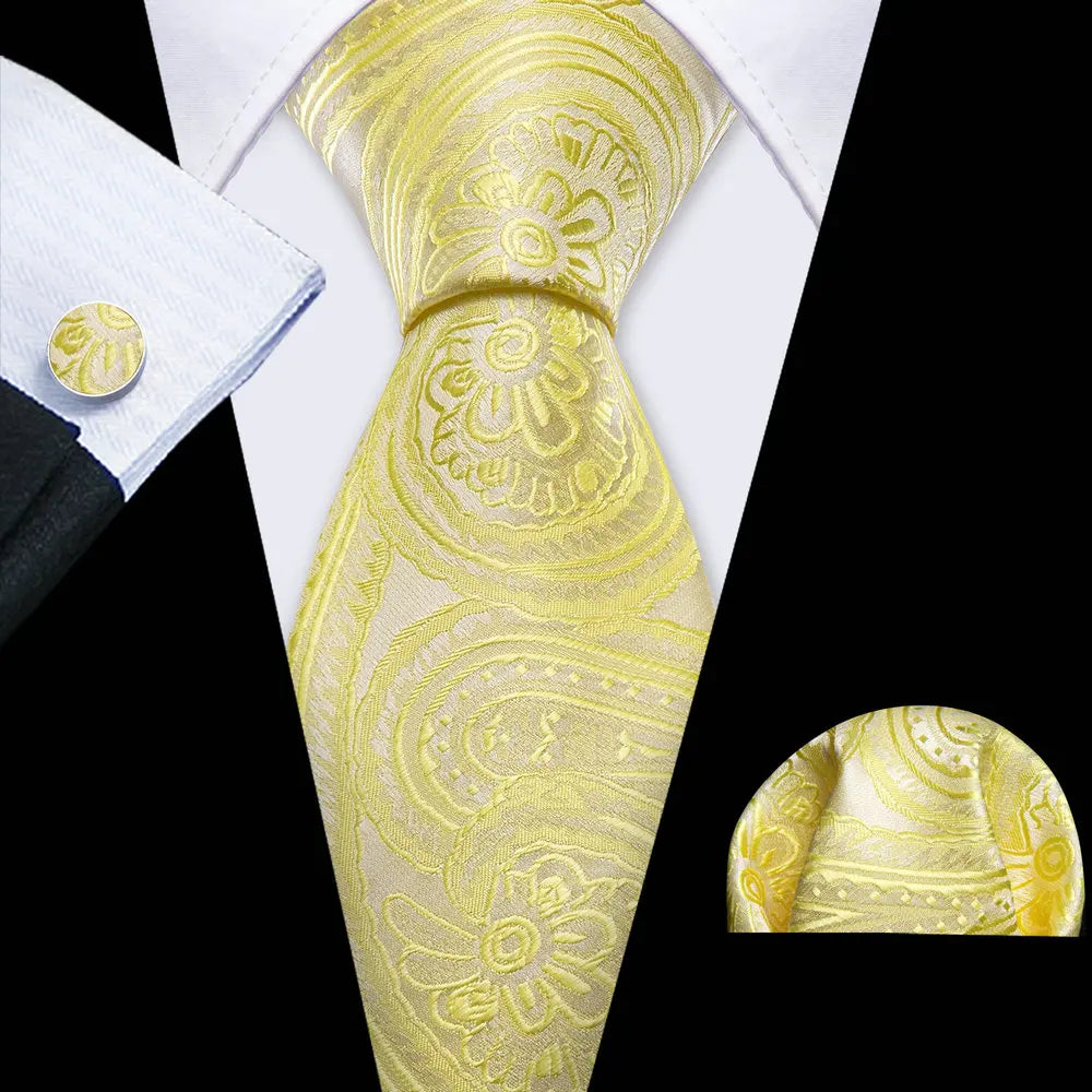 Gold Casual Novelty Paisley Pocket Square Cufflinks Necktie Set