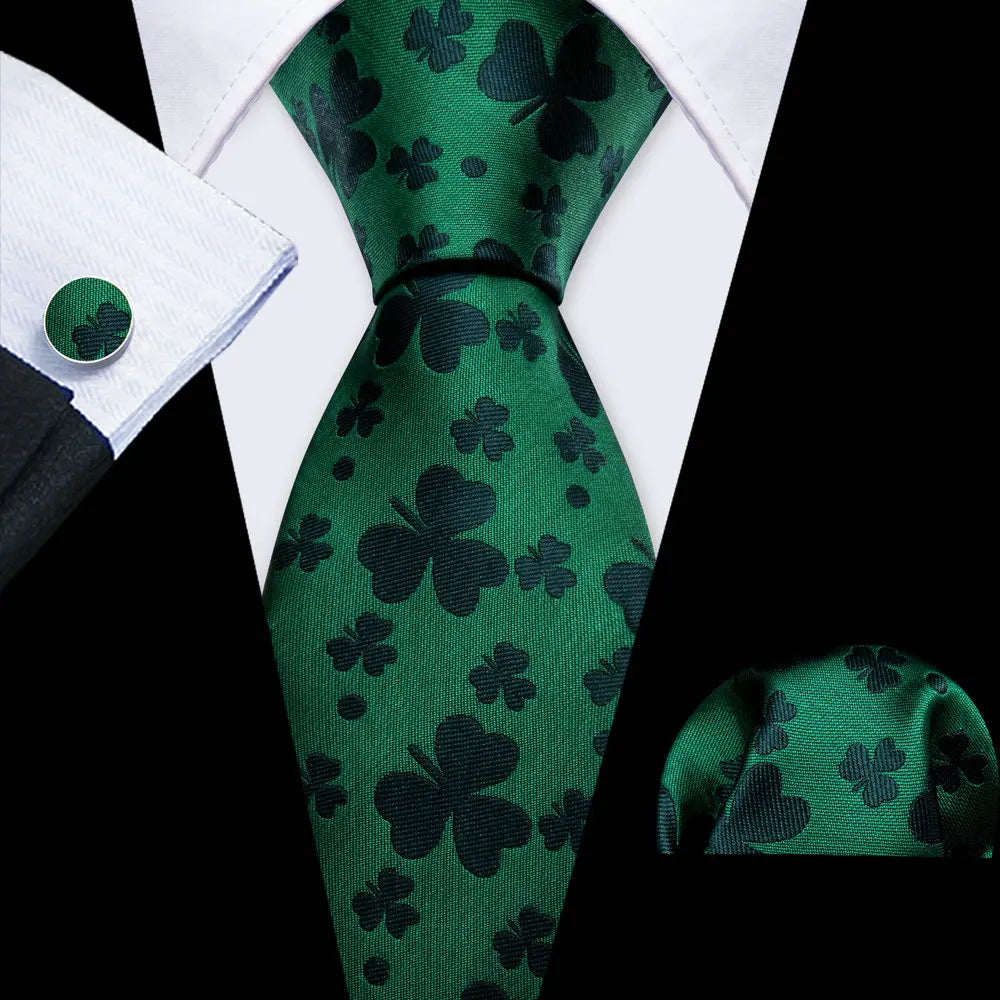 Green Casual Novelty Paisley Pocket Square Cufflinks Necktie Set