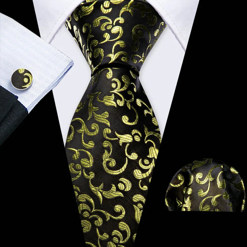 Black Gold Casual Novelty Paisley Pocket Square Cufflinks Necktie Set