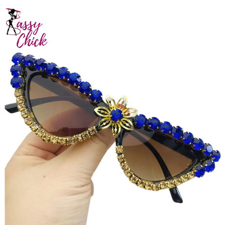Cat Eye Crystal Flower Sunglasses For Women Sassy Chick Logo