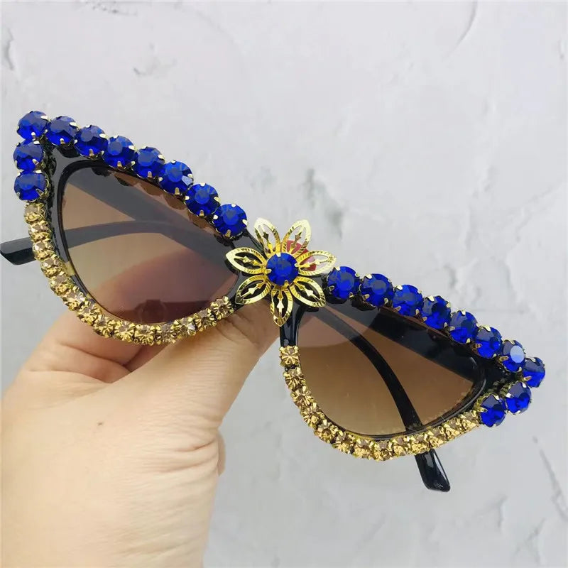 Blue Cat Eye Crystal Flower Sunglasses For Women