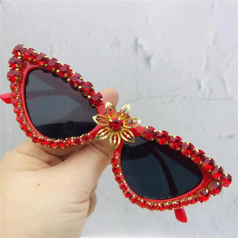 Red Cat Eye Crystal Flower Sunglasses For Women