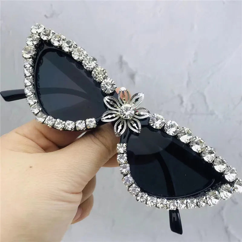 Silver Cat Eye Crystal Flower Sunglasses For Women