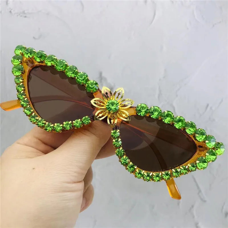 Green Cat Eye Crystal Flower Sunglasses For Women