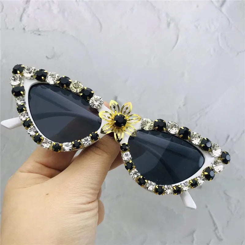 White Cat Eye Crystal Flower Sunglasses For Women