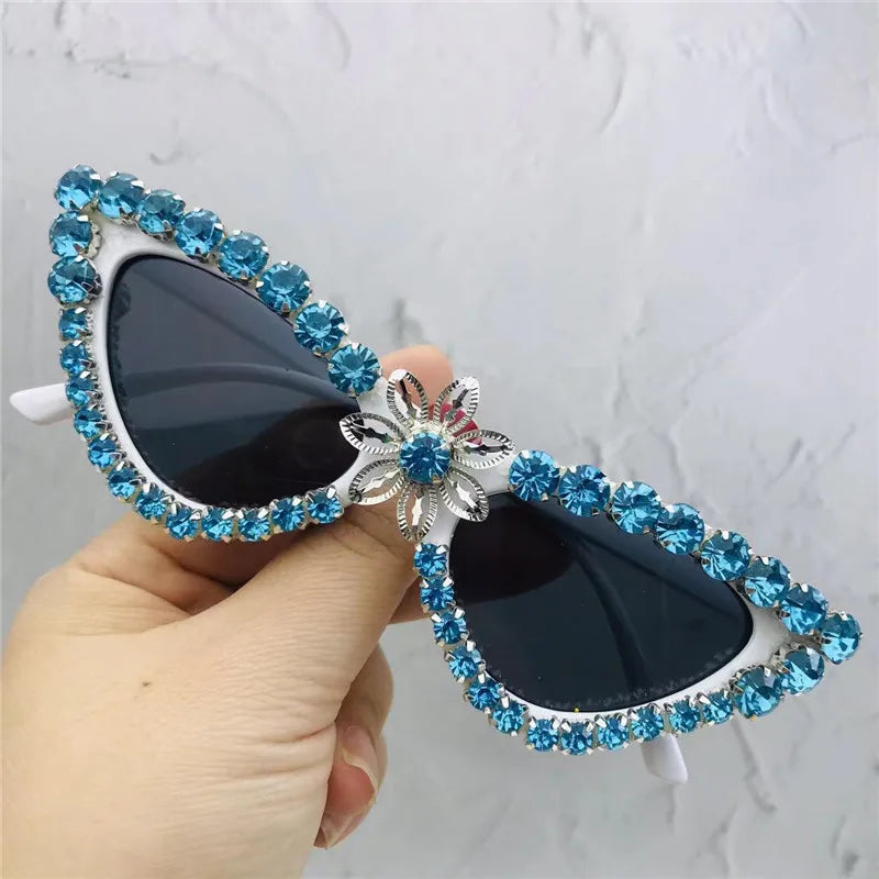 Blue Cat Eye Crystal Flower Sunglasses For Women
