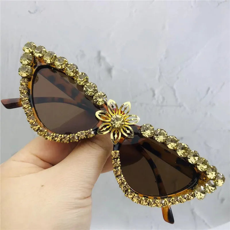 Gold Cat Eye Crystal Flower Sunglasses For Women