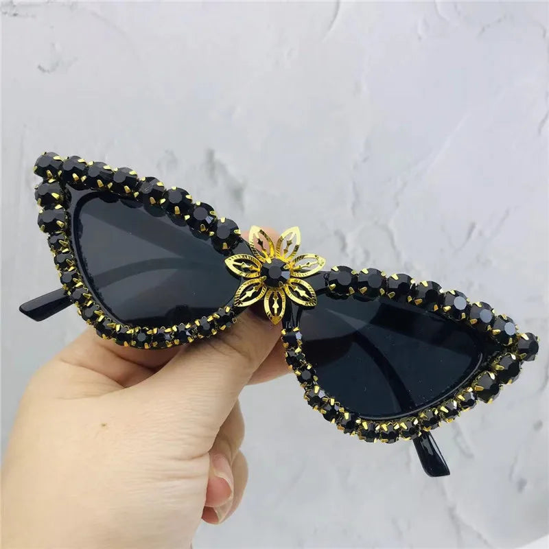 Black Cat Eye Crystal Flower Sunglasses For Women