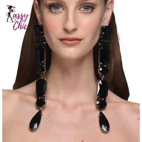 Catwalk Black Crystal Earrings Dangle Jewelry Sassy Chick Logo