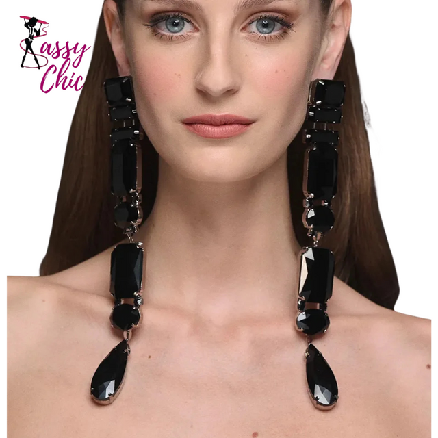 Catwalk Black Crystal Earrings Dangle Jewelry Sassy Chick Logo