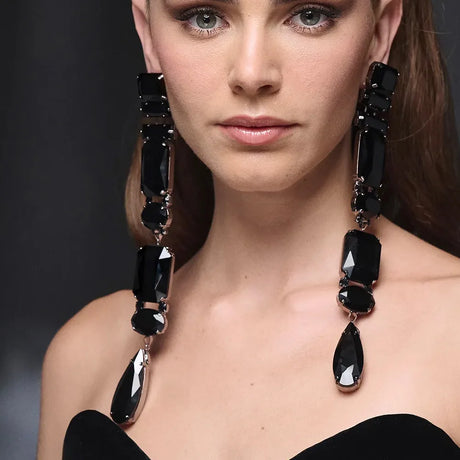 model using Catwalk Black Crystal Earrings Dangle Jewelry