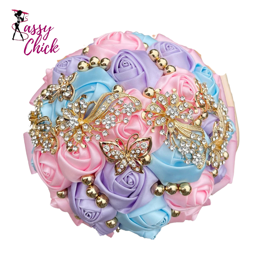 Champagne Wedding Holding Flowers Bouquet Sassy Chick Logo