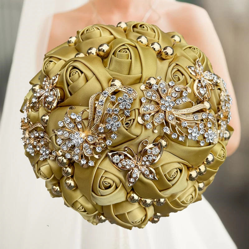 Gold Champagne Wedding Holding Flowers Bouquet