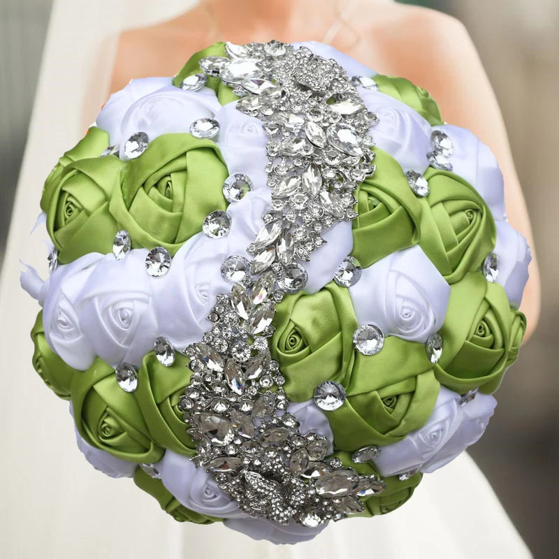 White Green Champagne Wedding Holding Flowers Bouquet