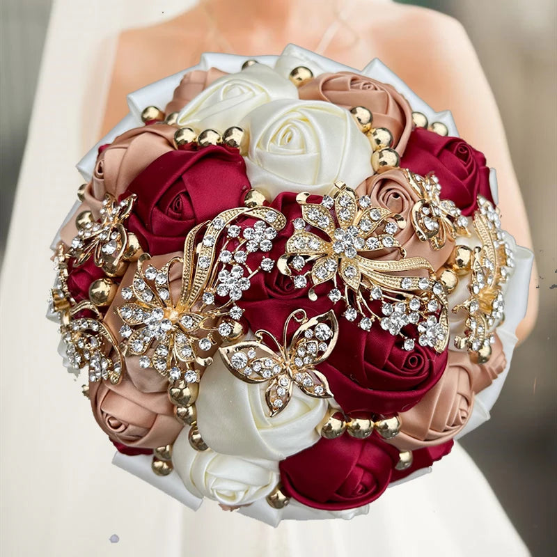 Red Champagne Wedding Holding Flowers Bouquet