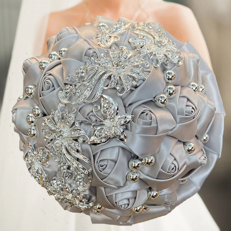 Gray Champagne Wedding Holding Flowers Bouquet