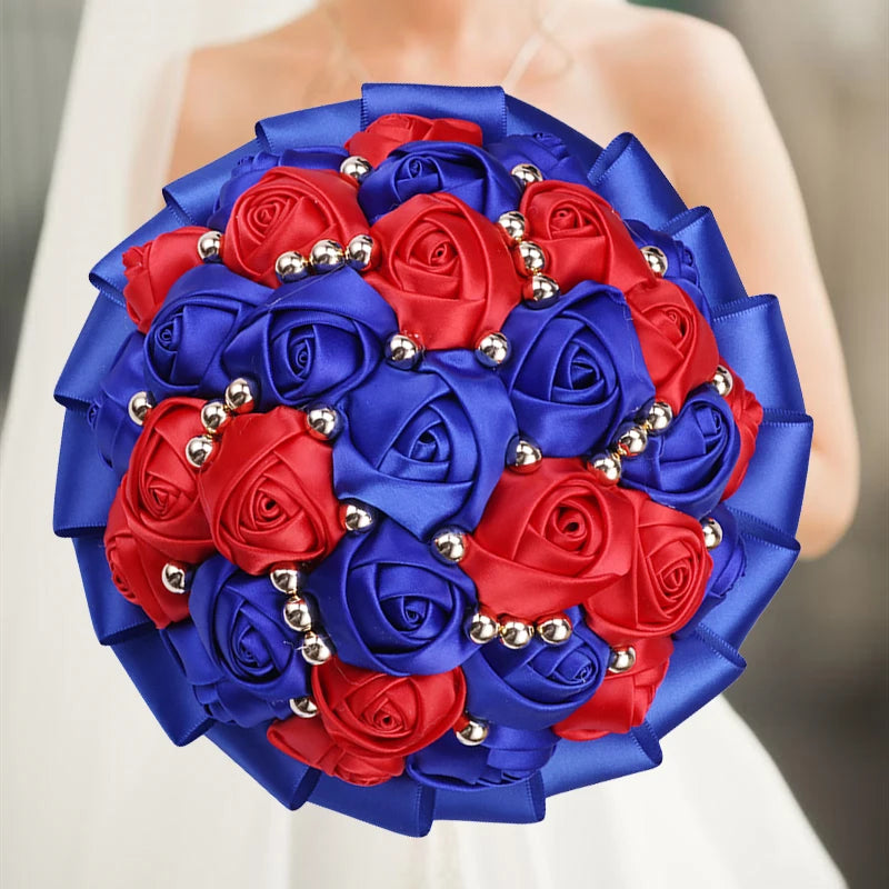Blue Red Champagne Wedding Holding Flowers Bouquet