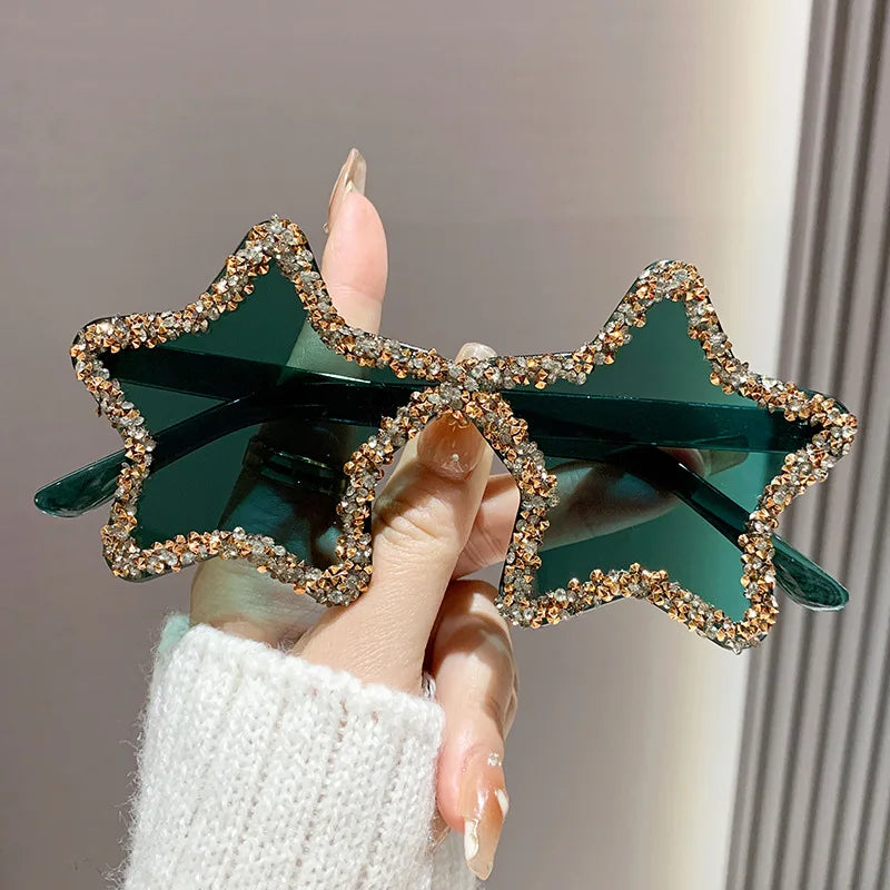Green Chic Stars Rhinestone Shiny Sunglasses