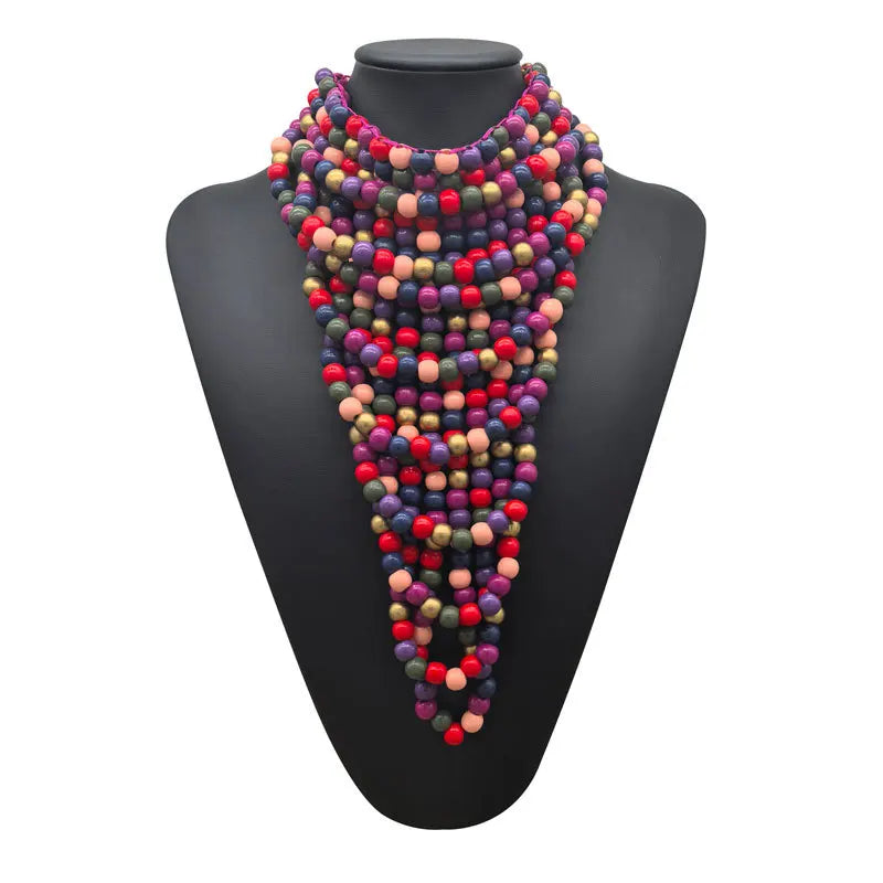Multi Color Choker Bohemian Wooden Bead Multilayer Necklace