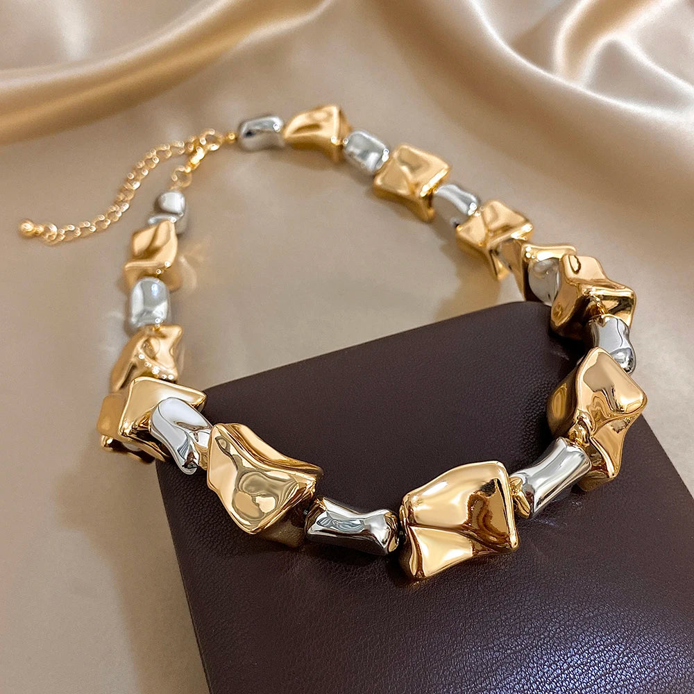 Chunky CCB Two-Tone Gold Silver Irregular Geometric Necklace