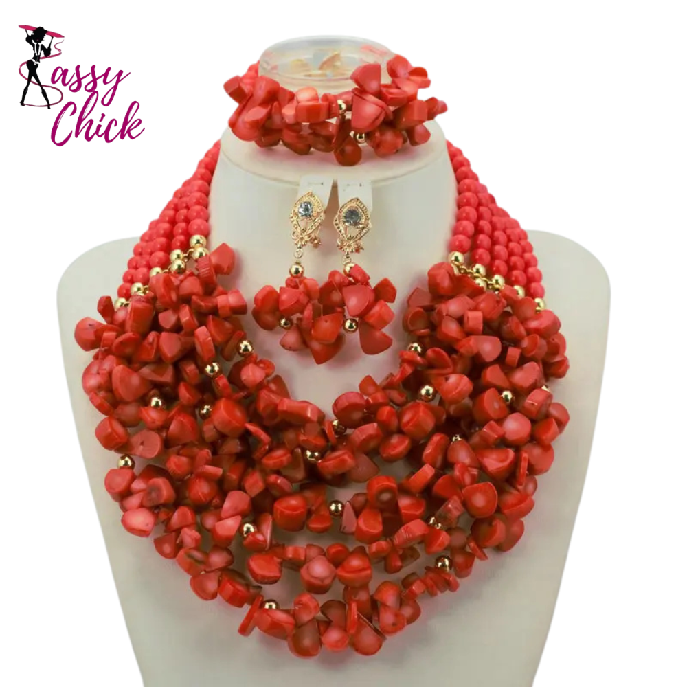 Chunky Coral Beads Statement Jewelry Set Sassy Chick Logo