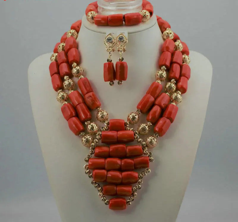 Orange Chunky Coral Beads Statement Jewelry Set