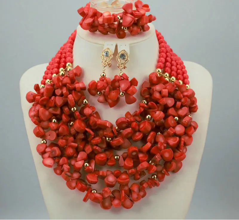 Chunky Coral Beads Statement Jewelry Set