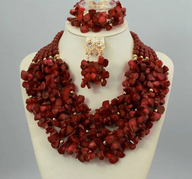 wine red Chunky Coral Beads Statement Jewelry Set