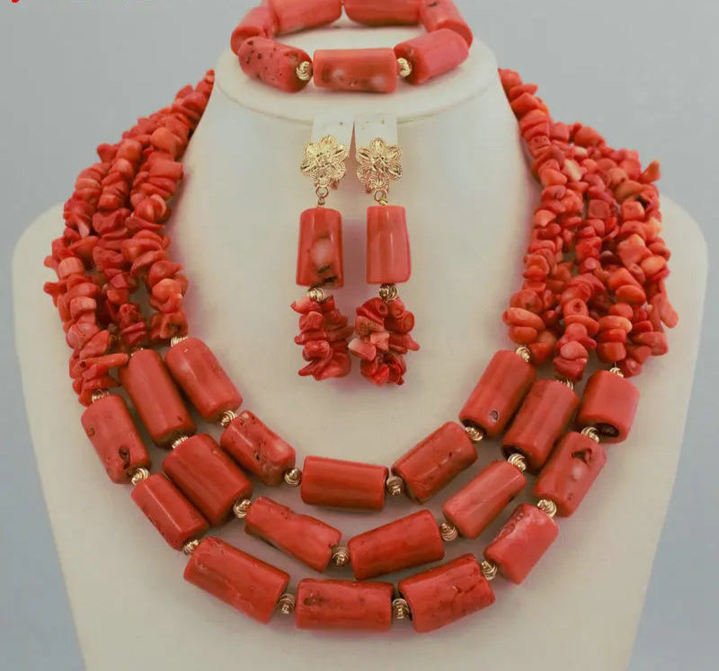 Orange Chunky Coral Beads Statement Jewelry Set