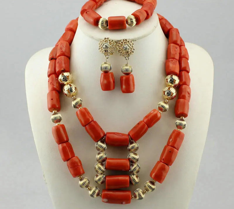 Orange Chunky Coral Beads Statement Jewelry Set