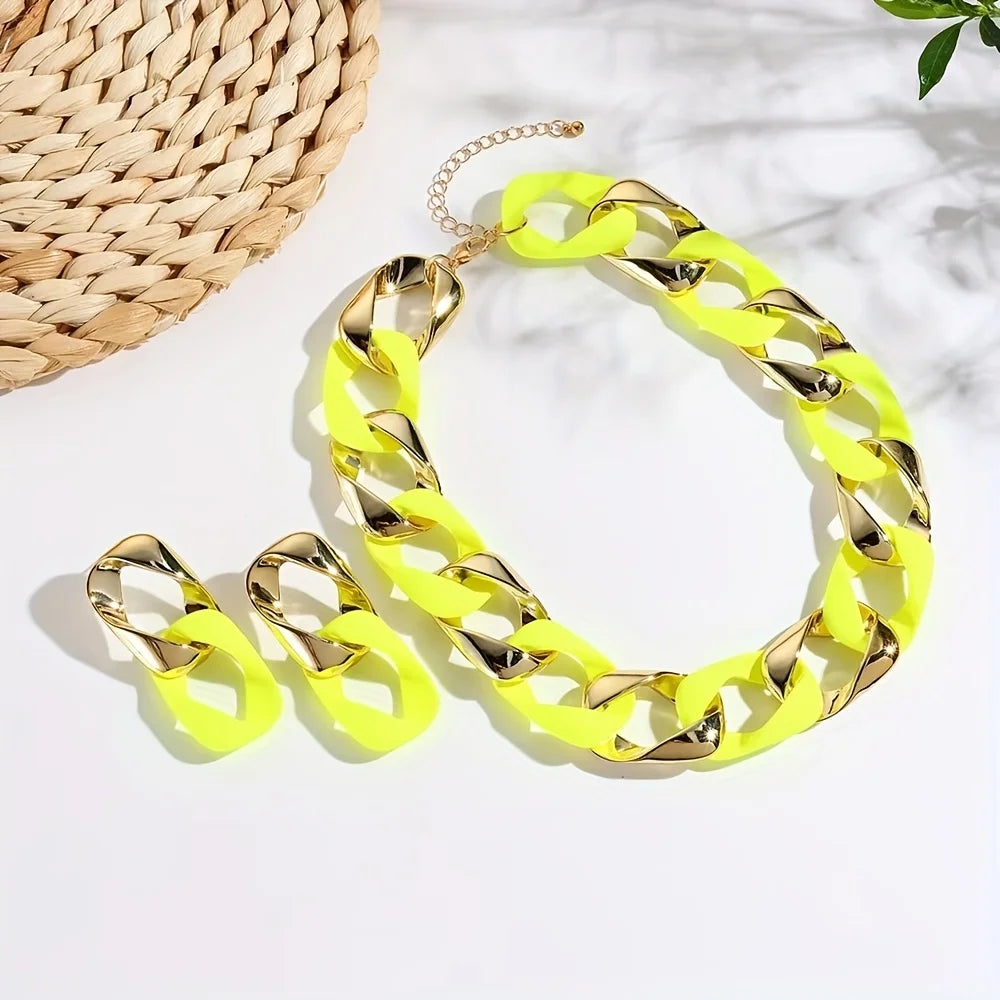 Yellow Chunky Link Chain Choker Necklace and Earrings
