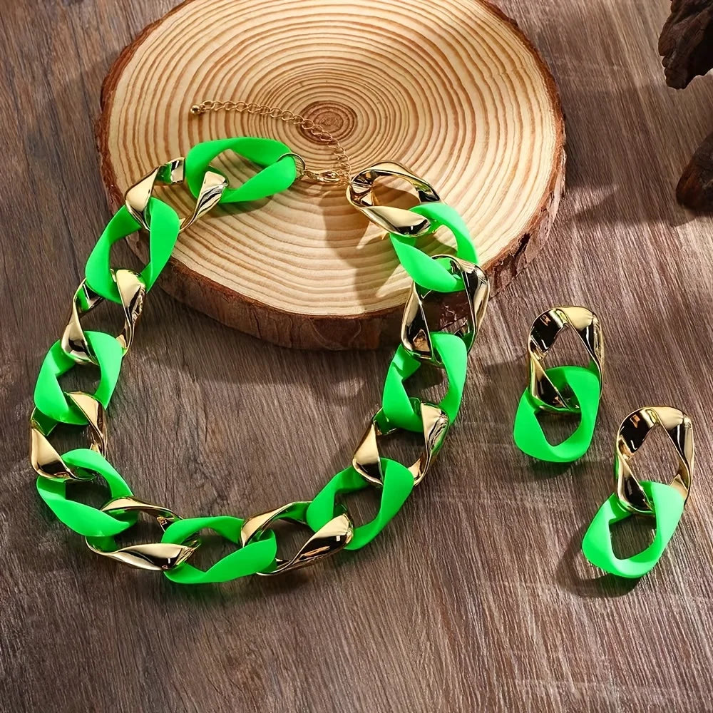 Green Chunky Link Chain Choker Necklace and Earrings