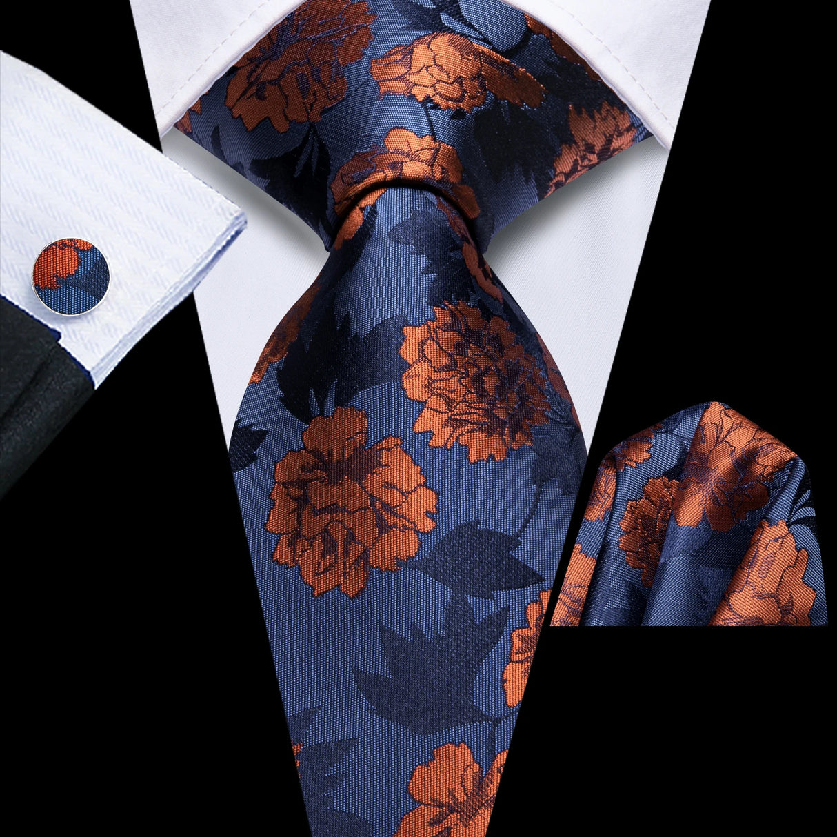 Blue Classic Floral Fashion Handkerchief Cufflinks Necktie