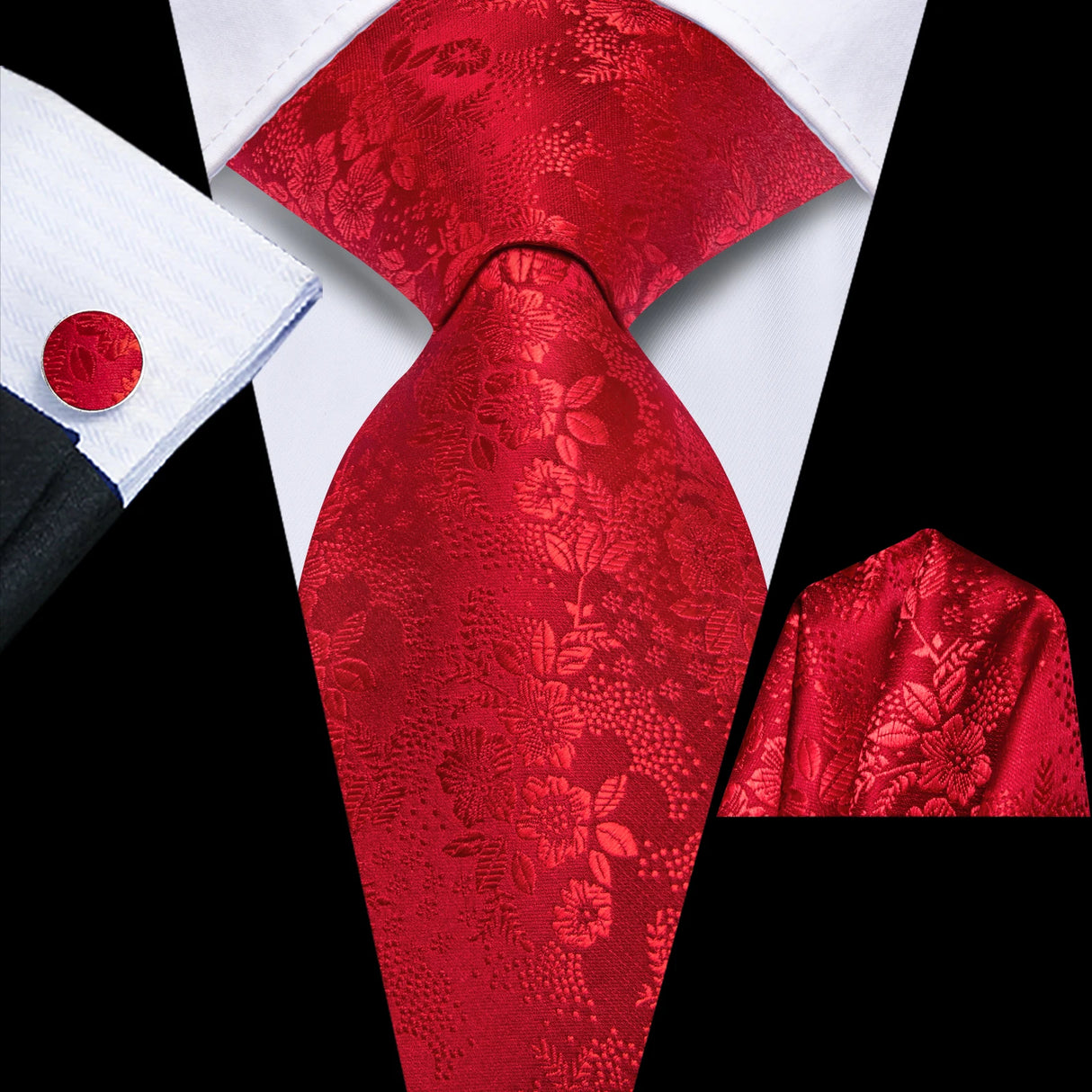 Red Classic Floral Fashion Handkerchief Cufflinks Necktie