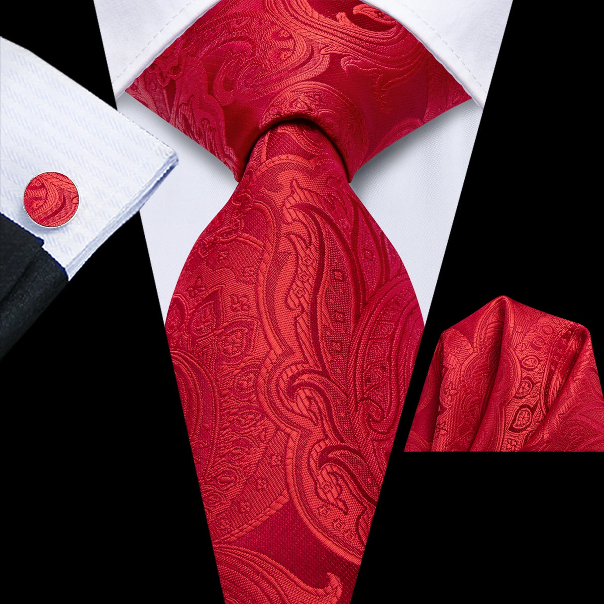 Red Classic Floral Fashion Handkerchief Cufflinks Necktie