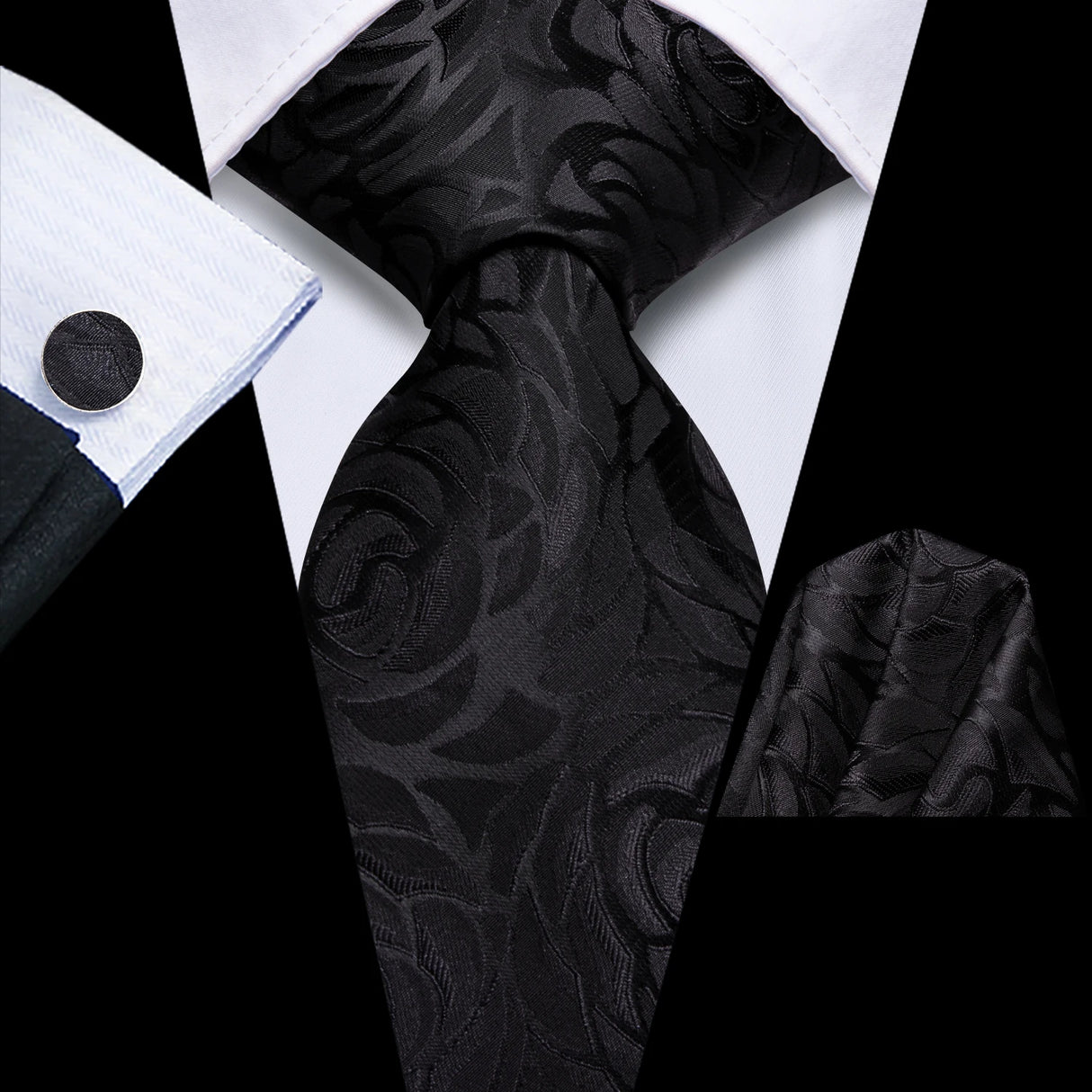 Black Classic Floral Fashion Handkerchief Cufflinks Necktie