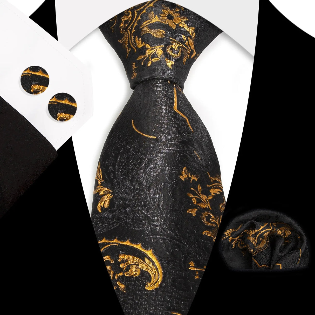Gold Black Classic Floral Paisley Silk 8.5cm Handkerchief Cufflinks Necktie