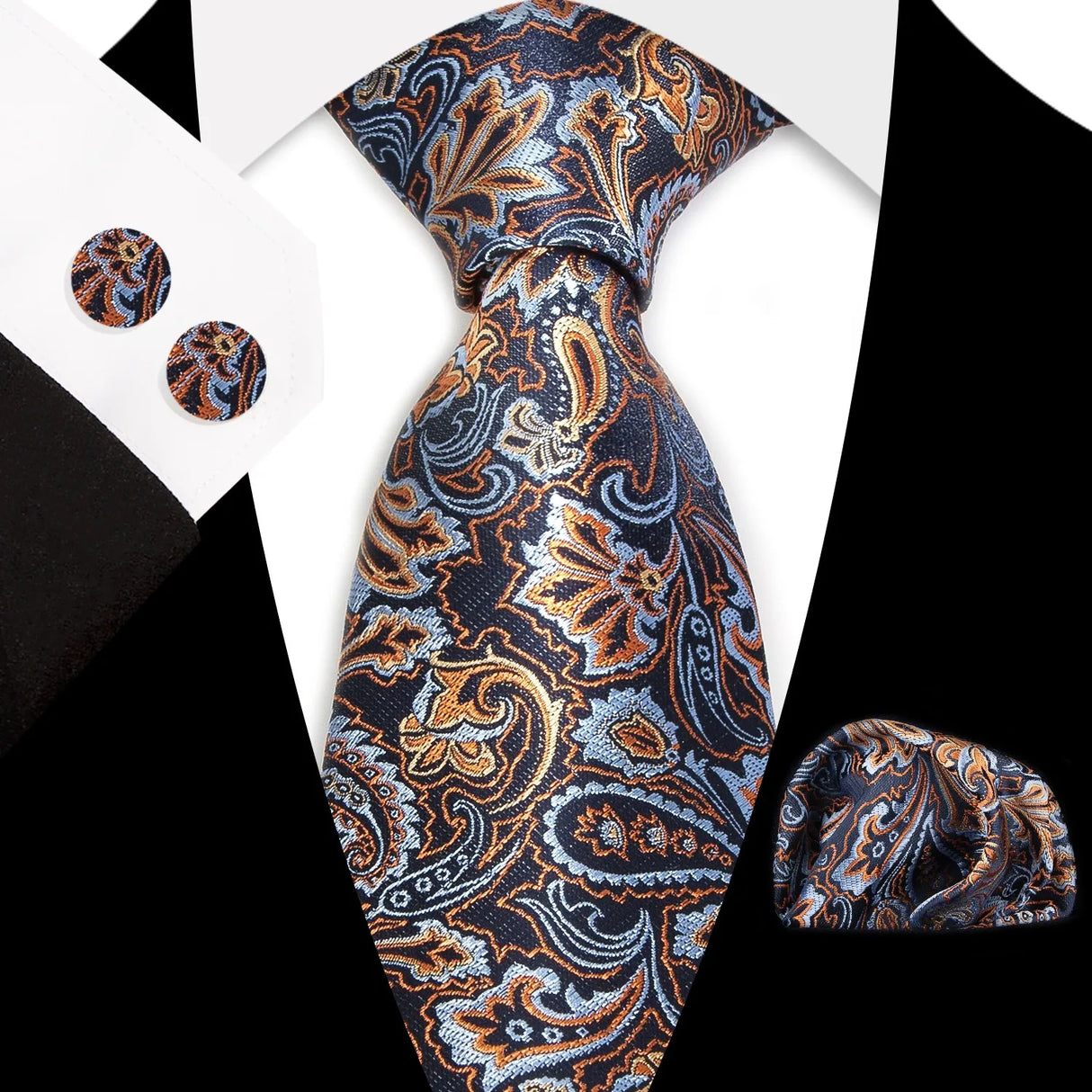Gold Classic Floral Paisley Silk 8.5cm Handkerchief Cufflinks Necktie
