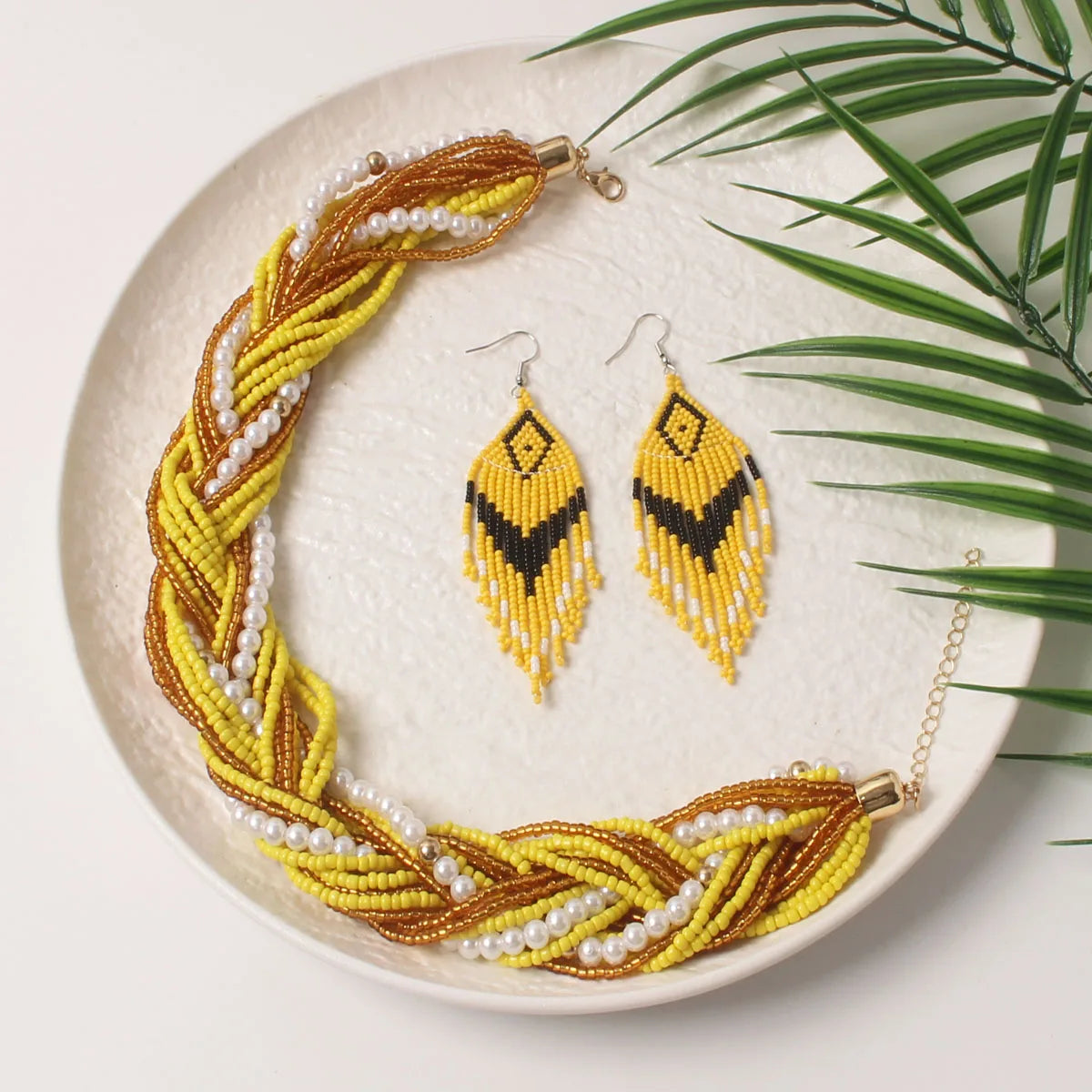 Yellow Classic Glass Multi Layer Rice Beads Ethnic Necklace