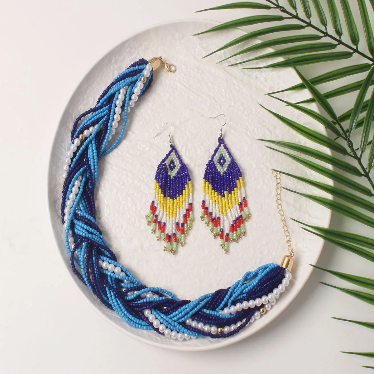 Blue Classic Glass Multi Layer Rice Beads Ethnic Necklace