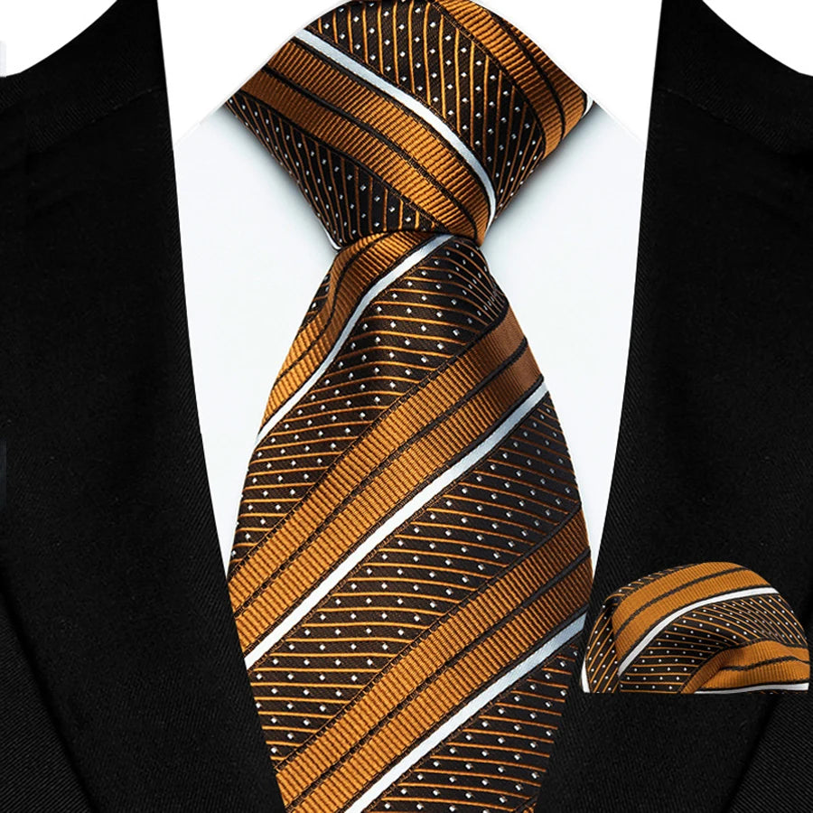Gold Classic Luxury Stripes Handkerchief Hanky Necktie Set