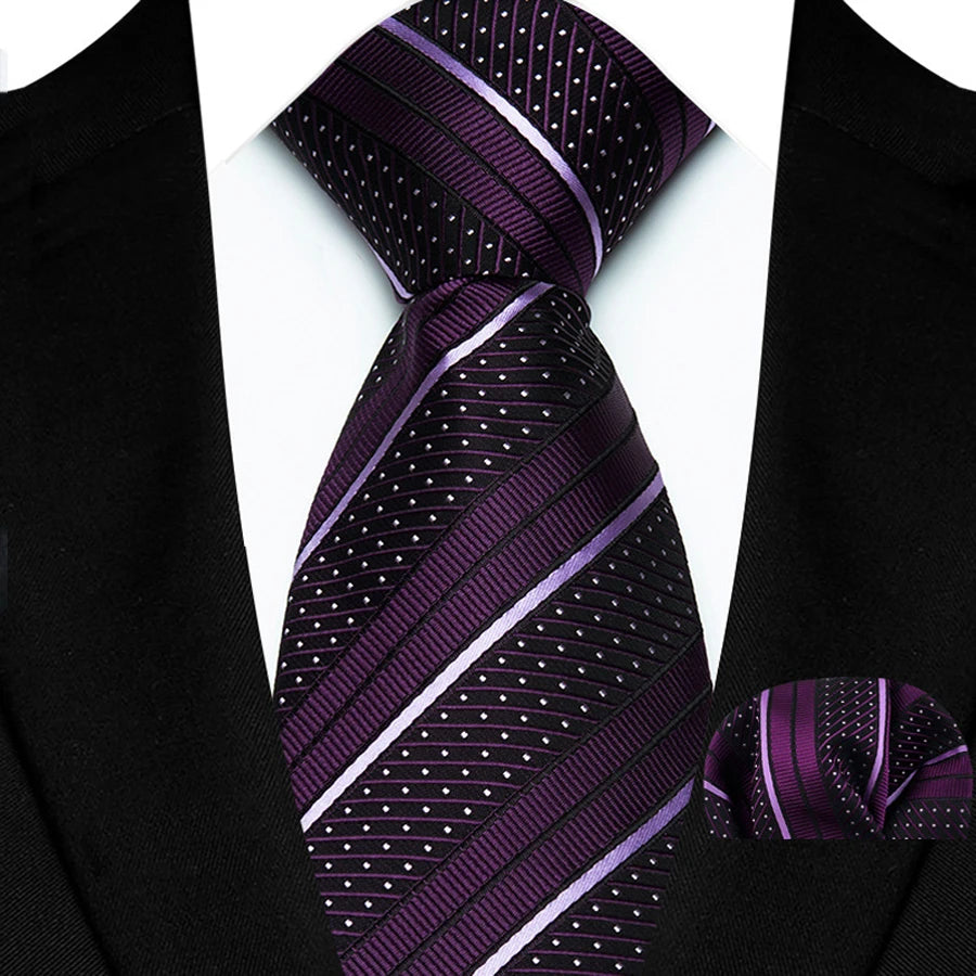 Purple Classic Luxury Stripes Handkerchief Hanky Necktie Set