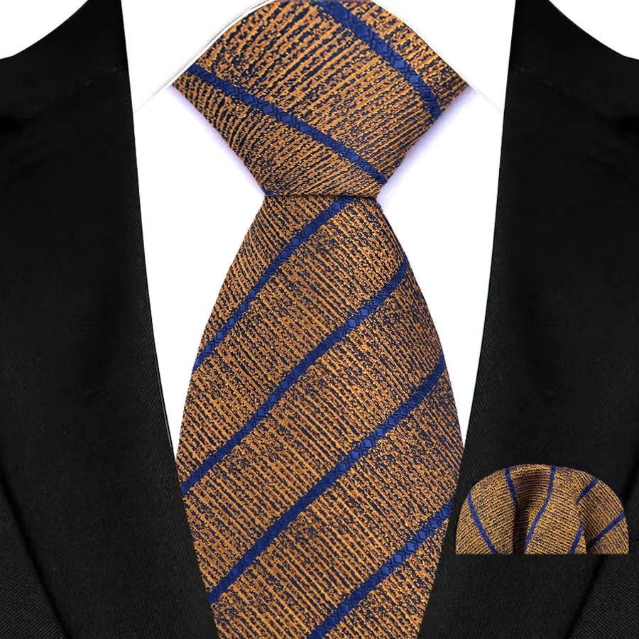 Yellow Classic Luxury Stripes Handkerchief Hanky Necktie Set