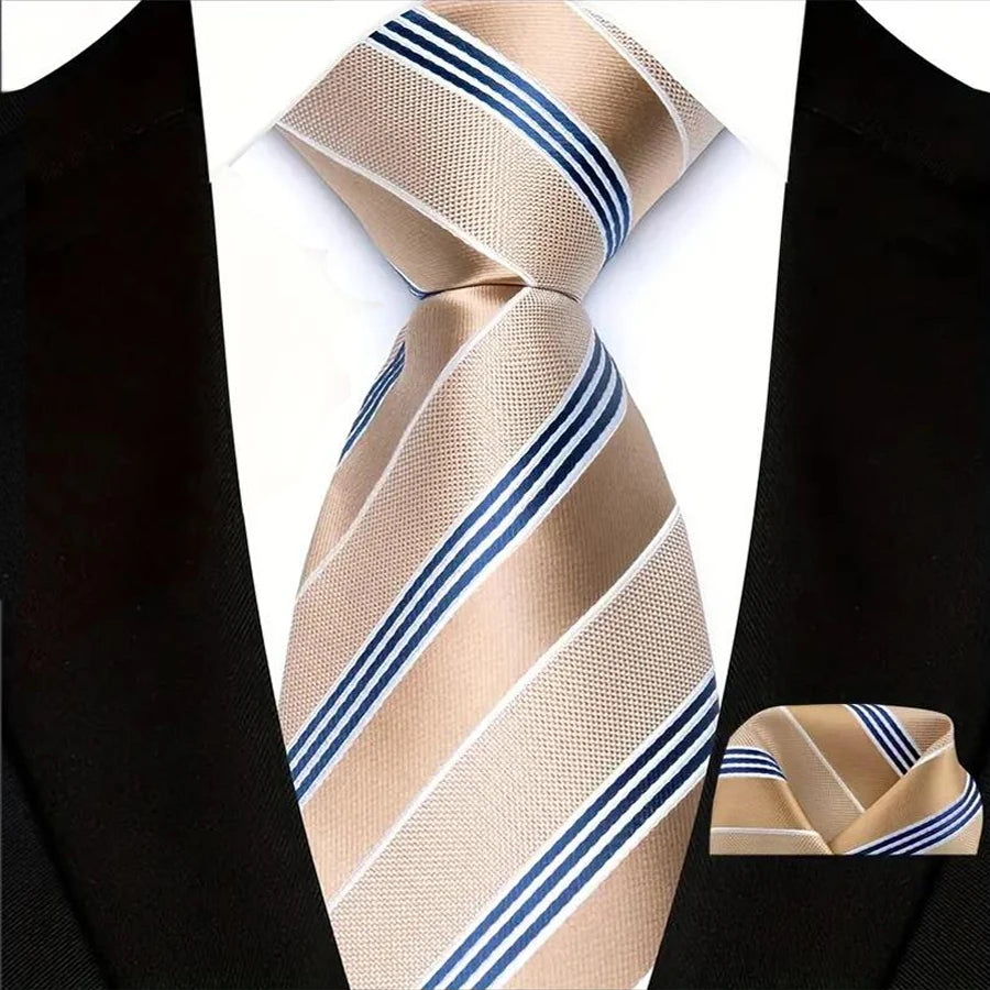 Brown Classic Luxury Stripes Handkerchief Hanky Necktie Set