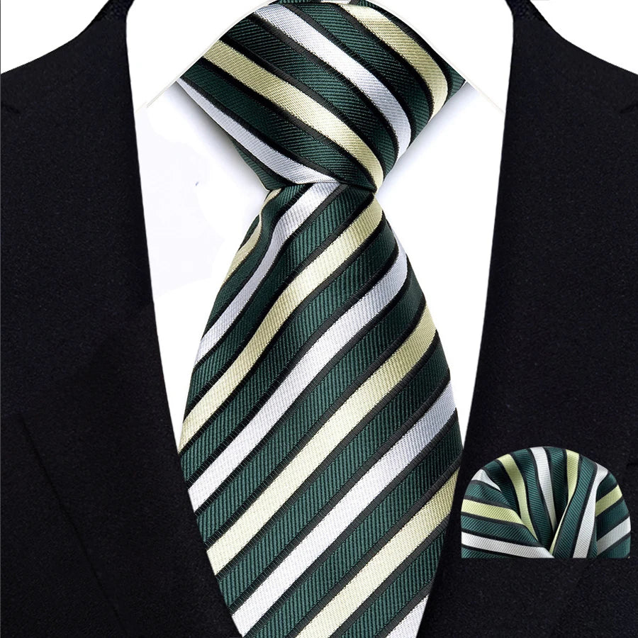 Green Classic Luxury Stripes Handkerchief Hanky Necktie Set