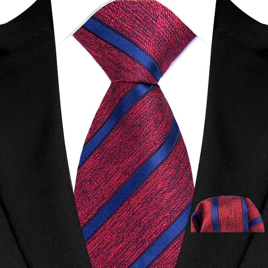 Red Classic Luxury Stripes Handkerchief Hanky Necktie Set