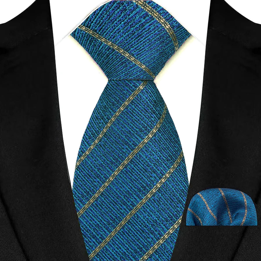 Blue Classic Luxury Stripes Handkerchief Hanky Necktie Set