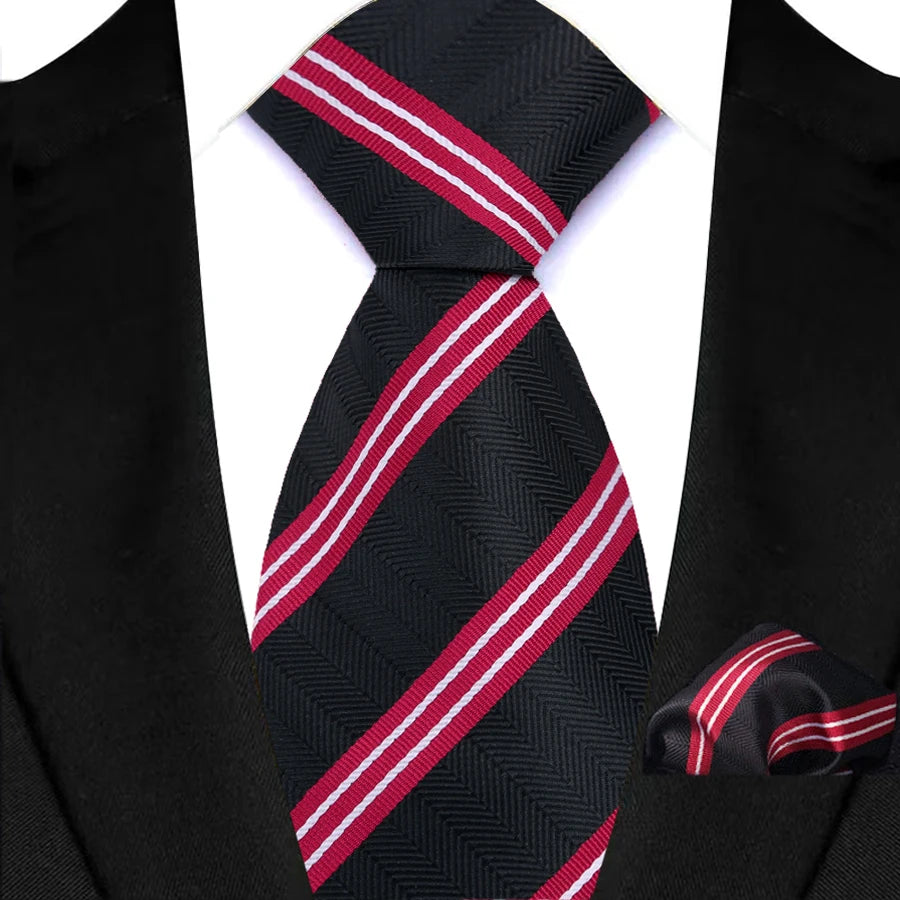 Black Red Classic Luxury Stripes Handkerchief Hanky Necktie Set